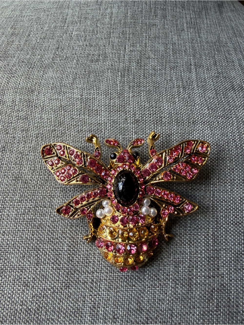 Gold-Tone Bee Brooch with Pink Crystals and Black Center